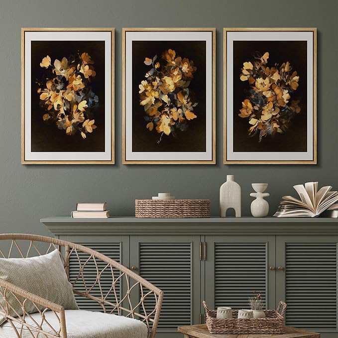 SIGNFORD Framed Wall Art Print Set Golden Blossom Watercolor Floral Warm Botanical Digital Art Modern Art Contemporary for Living Room, Bedroom, Office - 16"x24"x3 NATURAL