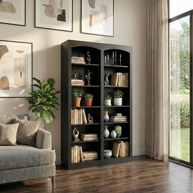 71" Tall Bookcase, Double Wide Black Bookshelf with Arched Design, 12-Tier Open Wood Display Shelf Storage Organizer for Living Room, Home Office (41.6" W x 70.8" H)