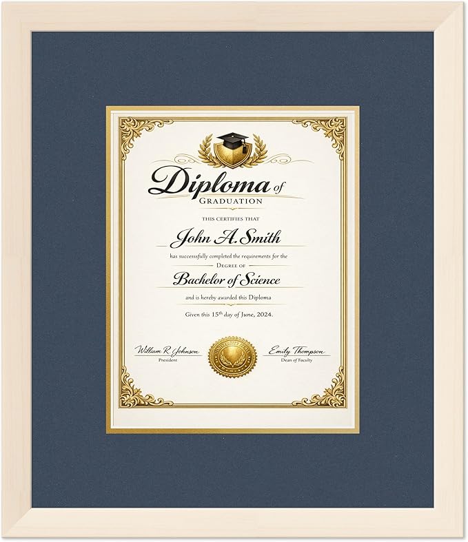 CountryArtHouse Diploma Frame Fits 8.5 x 11 Certificate (Portrait) - Keepsake Graduation Display Coastal Whitewash Genuine Hardwood with Navy Blue Over Metallic Gold Double mat