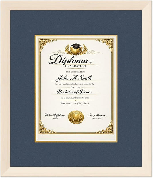 CountryArtHouse Diploma Frame Fits 8.5 x 11 Certificate (Portrait) - Keepsake Graduation Display Coastal Whitewash Genuine Hardwood with Navy Blue Over Metallic Gold Double mat