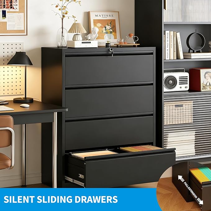 4 Drawer Lateral File Cabinet with Lock, Metal Lateral Filing Cabinet for Home Office, Steel Wide Horizontal Filing Cabinets for Letter/Legal/A4/F4 Hanging Files (Black)
