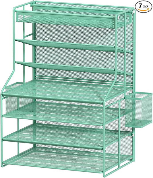7 Tier Desk File Organizer,Metal Document Holder with Adjustable Shelves, Pull-Out Drawer & Removable Pen Holder for Office Organization,Green