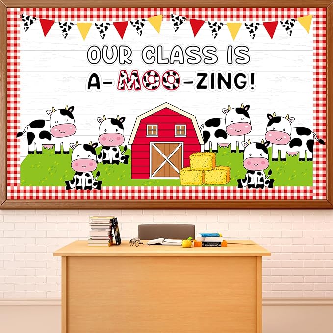 Qyeahkj Farm Cow Bulletin Board Set Fall Bulletin Board Decorations Holy Cow Cutouts Classroom Decorations for Autumn Office Home School Chalkboard Wall Door Farm Animal Theme Party Supplies