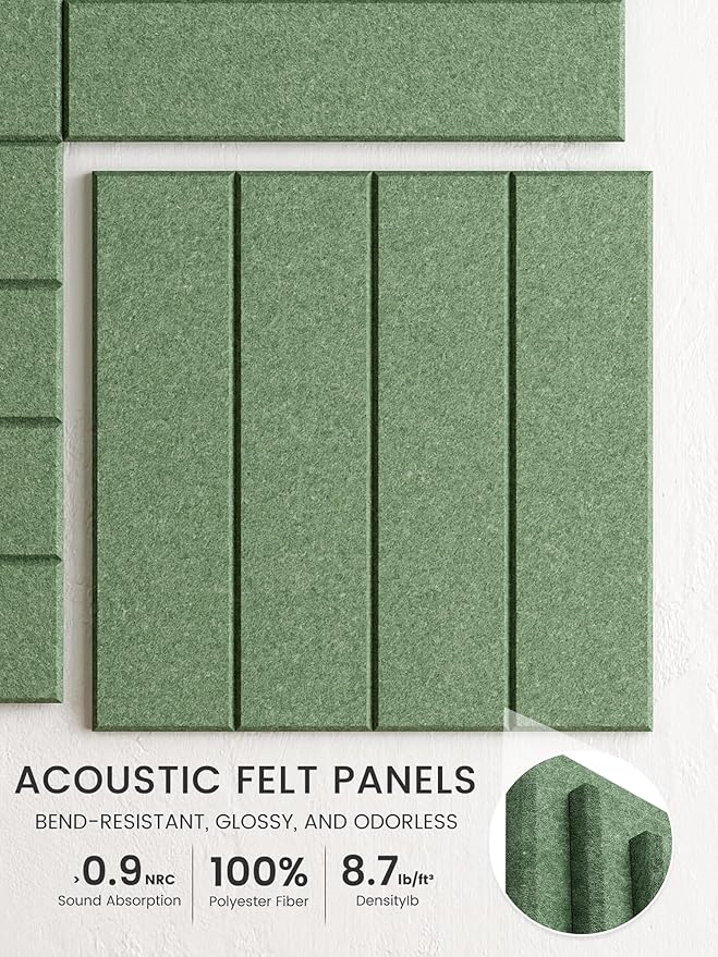 Bumusty Large Cork Board Alternative-48 x 36" Felt Bulletin Board Tiles, with 30 Pushpins, 70 Adhesive Tabs, 12-Pack Slat Wall Paneling, Cork Boards for Office Push Pin Board Felt Board-Moss Green