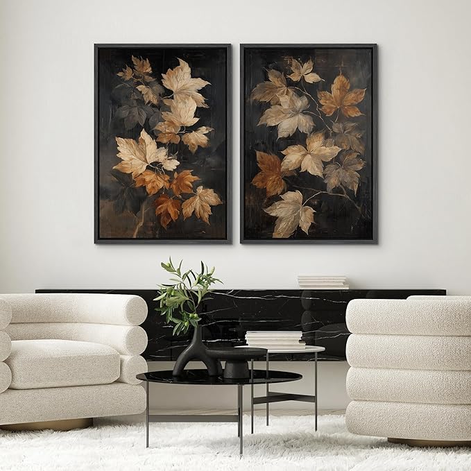 SIGNWIN Framed Canvas Print Wall Art Set Golden Brown Botanical Leaves Vintage Nature Illustrations Modern Art Minimal Boho Relax/Calm for Living Room, Bedroom, Office - 24"x36"x2 Black