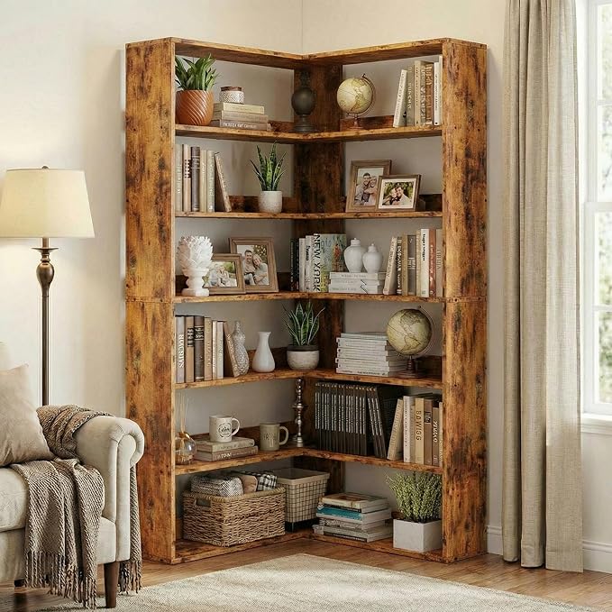 IRONCK Corner Bookshelf 6-Tier 70lbs/Shelf Large Bookshelves with Baffles Industrial Storage Display Rack for Living Room Home Office