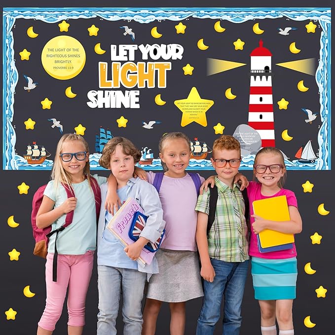 109Pcs Christian Religious Bulletin Board Set Let Your Light Shine Classroom Decoration VBS 2026 Bible Verse Lighthouse Paper Cutout for Church Easter Sunday School Chalkboard Door Wall Decor