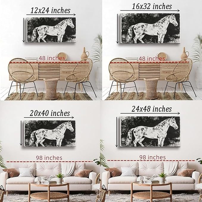 Vintage Horse Framed Canvas Wall Art for Office, Black White Rustic Wall Decor 40" L x 20" W