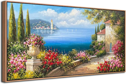 Arjun Large Wood Framed Landscape Wall Art Canvas Living Room Hand Painted, Mediterranean Seascape Painting Bedroom Flower Blue Ocean Picture Artwork Home Office Wall Decor, 48"x24"