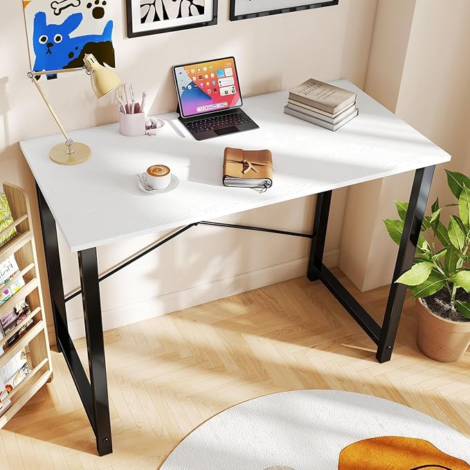 DUMOS 55 Inch Small Computer Desk for Home Office, Modern Study Work Table Simple Style for Bedroom, Writing Desks with X-Shaped Reinforcement, Wood White