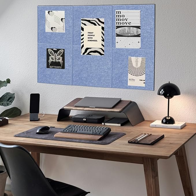 Light Blue Bulletin Board 36" x 24", Cute Cork Boards for Walls, 6 Pack 12" x 12" Felt Tiles with 30 Colored Pushpins, Christmas Decorations Board for Office, School, Bedroom