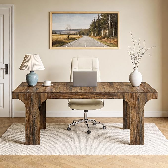 Tribesigns 70.9-Inch Executive Desk, Large Wooden Computer Office Desk, Modern Writing Table Business Workspace Home Office Furniture with Arched Design, Brown