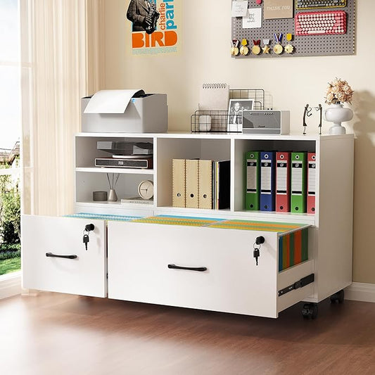 Semoic 2 Drawer Mobile Lateral File Cabinet with Lock, Lockable Wood Filing Cabinet with Open Storage Shelves, Printer Stand Office Storage Cabinet for Home Office Fits Files Legal/A4 Size, White