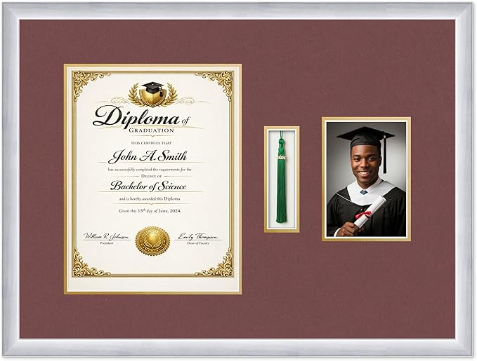 CountryArtHouse Diploma Tassel and Photo Shadowbox Fits 10 x 13 College Diploma (Portrait Tradition Stainless Silver Genuine Hardwood with Dark Red Over Metallic Gold Double mat