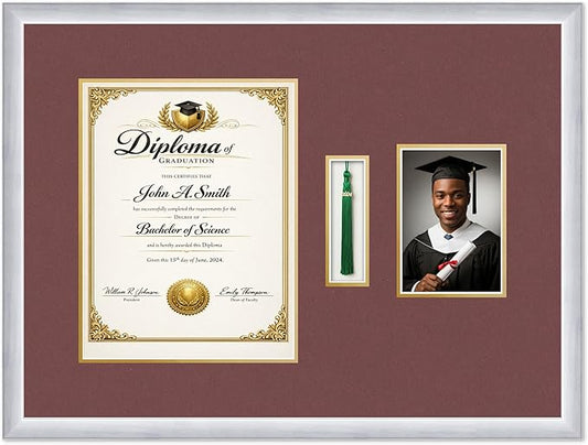 CountryArtHouse Diploma Tassel and Photo Shadowbox Fits 10 x 13 College Diploma (Portrait Tradition Stainless Silver Genuine Hardwood with Dark Red Over Metallic Gold Double mat