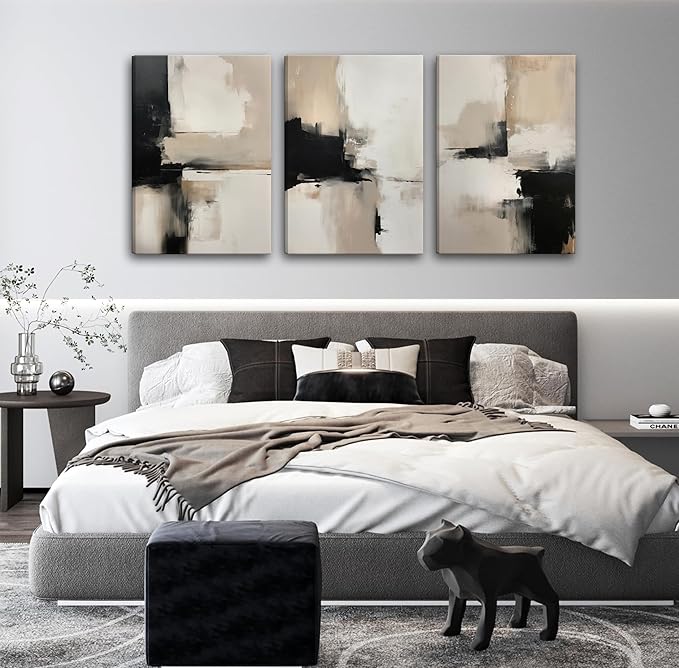 3Pcs Framed Beige Abstract Wall Art Large Modern Minimalist Posters Prints Black Brown Neutral Artist Pictures Painting for Living Room Bedroom Bathroom Office Decorations