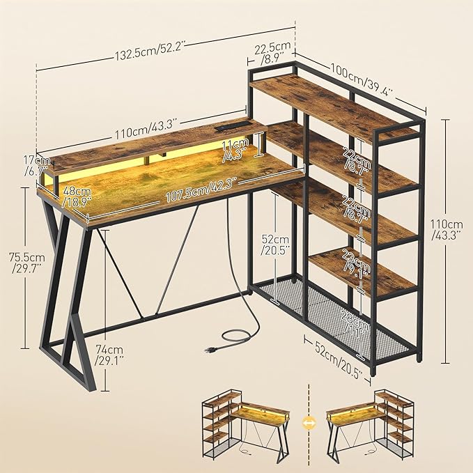 Reversible L Shaped Gaming Desk with Shelves, 52'' L Shaped Computer Desk with Power Outlet and LED Light, Corner Desk with Storage Shelf and Monitor Stand, for Home Office, Rustic Brown