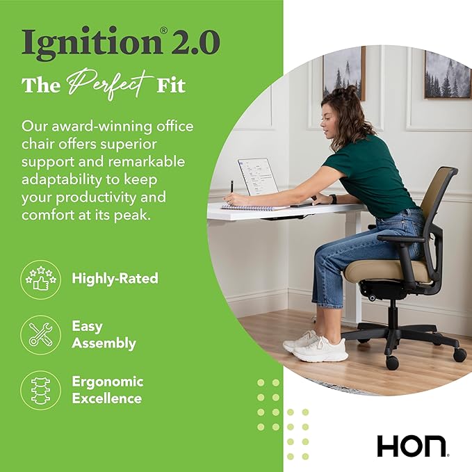 HON Ignition 2.0 Low Back Task Chair, Spectrum Mesh, Advanced Synchro-Tilt Control, Office Chair with Lumbar Support, Height and Width Adjustable Arms, Black Frame, Quicksand