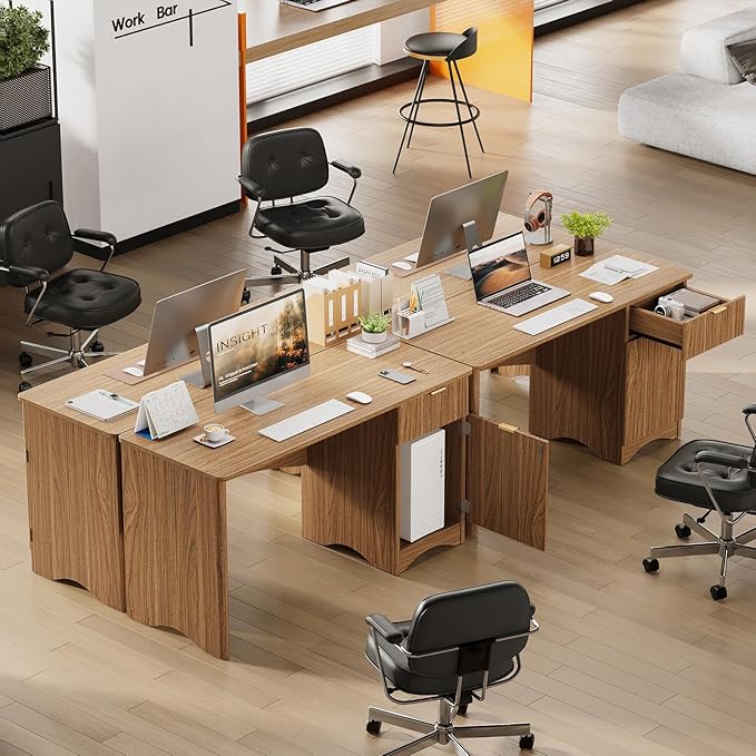 Bestier Computer Desk with Drawer, 47 inch Office Desk with Storage Cabinet, Modern Wood Desk Adjustable Shelves for Home Office & Studio, Brown Oak