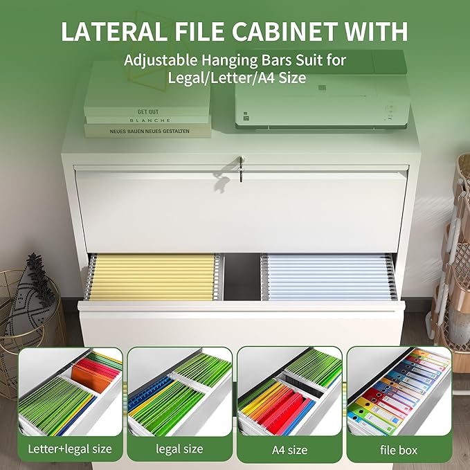 3 Drawer File Cabinet,Metal Lateral Filing Cabinet with Lock,Home Office Storage Organizer Cabinet for Legal/Letter/A4/F4 Size Files,35.5" W,White