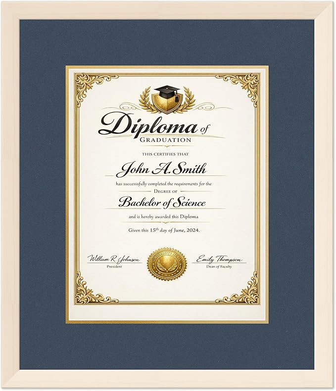 CountryArtHouse Diploma Frame Fits 11 x 14 College Diploma (Portrait) - Keepsake Graduation Display Coastal Whitewash Genuine Hardwood with Navy Blue Over Metallic Gold Double mat