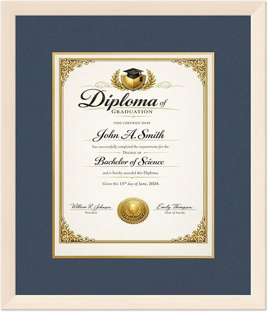 CountryArtHouse Diploma Frame Fits 11 x 14 College Diploma (Portrait) - Keepsake Graduation Display Coastal Whitewash Genuine Hardwood with Navy Blue Over Metallic Gold Double mat