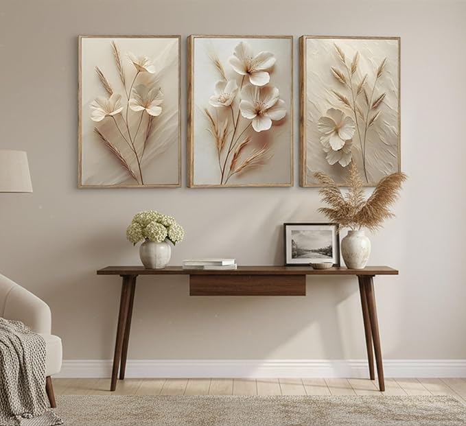 3Pcs Neutral Beige Floral Botanical Canvas Wall art Modern Simple Texture Flower Plant Painting Picture Wall Decor Vintage Blossom Poster Print Artwork for Living Room Bedroom Bathroom Unframed