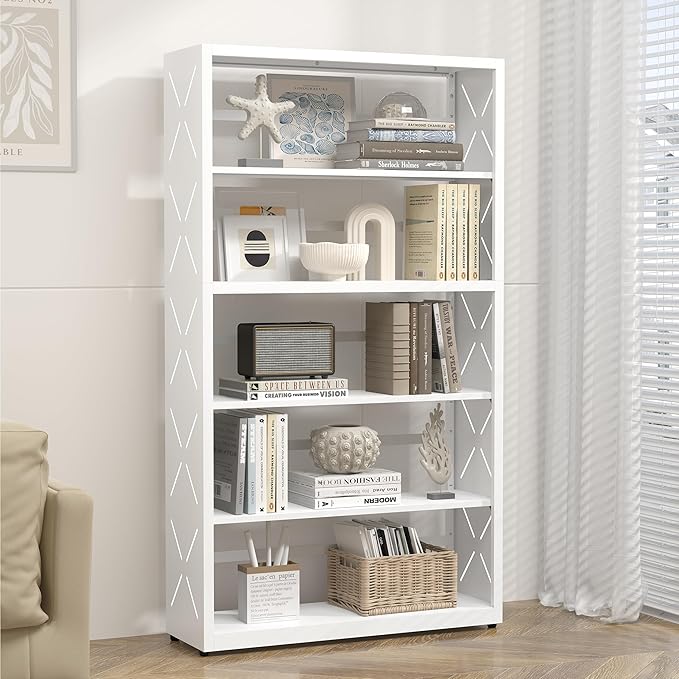 5 Tier Bookshelf, 55"Tall Metal Bookcase with Adjustable Shelves, Modern Display Book Shelf, White Bookcase Shelf, Utility Shelf, Storage Shelves for Office, Living Room, Kitchen, Study-31"W