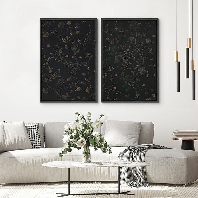 SIGNWIN Framed Canvas Print Wall Art Set Dark Vintage Floral Moody Botanical Modern Art Minimal Boho Relax/Calm for Living Room, Bedroom, Office - 16"x24"x2 Black