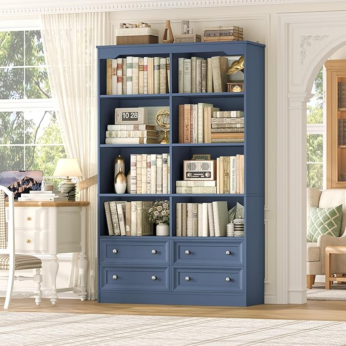 FINETONES 71" Tall Bookshelf with 4 Drawers, 6-Tier Double Wide Bookshelves and Bookcases with Storage, Blue Bookshelf Large Open Bookshelves Standing Book Cabinet for Home Office