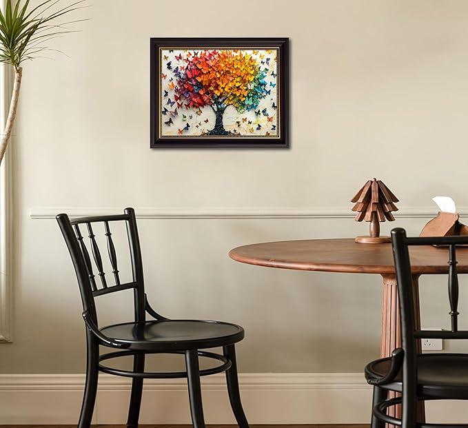Vintage American Dark Brown Framed Wall Art Colorful Butterfly Tree Painting Picture Wall Decor Tree of Life Picture Poster Print Artwork for Wall Living Room Bathroom Bedroom Home Decoration