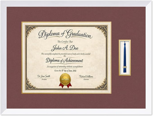 Diploma Frame with Tassel Holder Bright White Shadowbox Dark Red Over Gold Mat - Fits 15 x 12 Degree Made in the USA