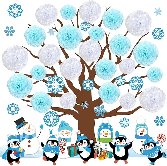 Winter Bulletin Board Decoration Set Winter Wonderland Cutouts for Classroom Winter 3D Tree with Paper Pom Poms Snowflake Bulletin Board for School Classroom Nursery Christmas Party Wall Door Decor