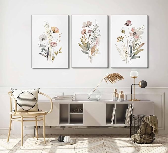 3Pcs Watercolor Wildflower Canvas Wall Art Modern Minimalist Colorful Botanical Floral Painting Picture Wall Decor Flower Posters Print Artwork for Living Room Bedroom Woman's room Home Decoration