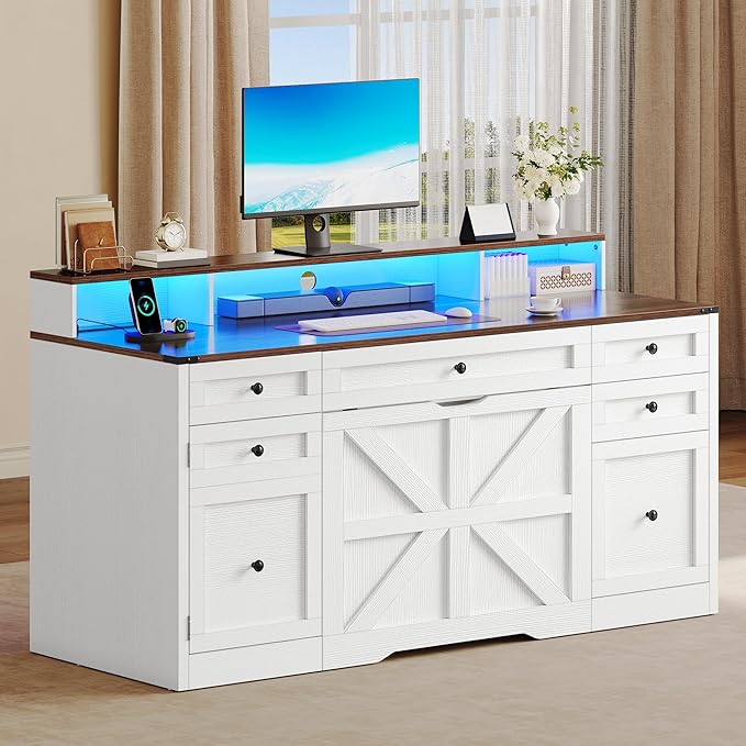 YITAHOME Computer Desk Stool Set with 5 Drawers, Office Desk with Power Outlets & LED Lights, Farmhouse Wood Desk Home Office Desks with Storage Cabinet & Monitor Stand for Work, Study, Antique White