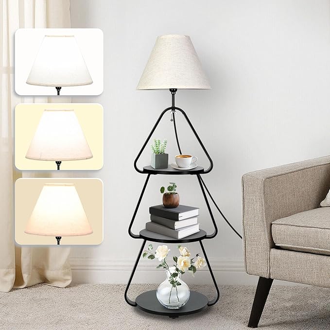 Floor Lamp with Small Round Side Table, 3-Tier Circular End Table with Storage Shelf, Round Corner Coffee Desk Nightstand for Living Room Bedroom Small Spaces, Black