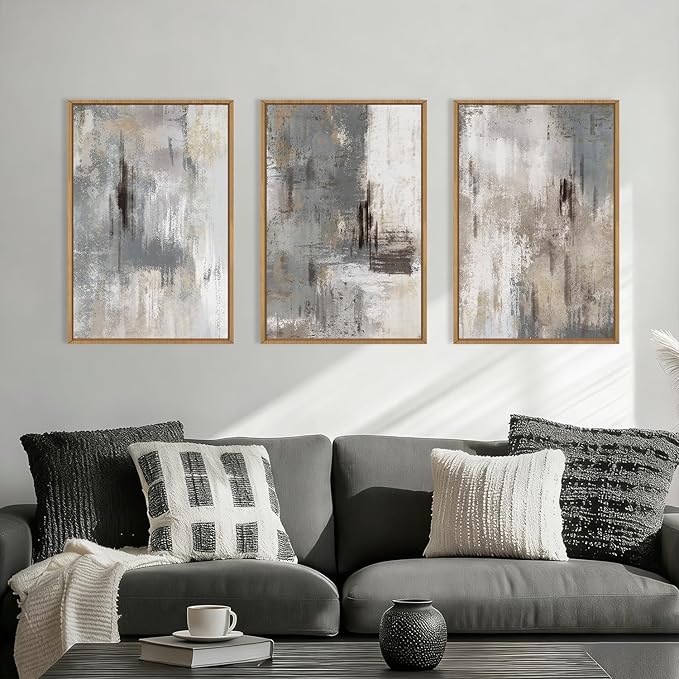 Aryroi Large Abstract Grey and Beige Framed Canvas Wall Art,Neutral Brush Stroke Wall Decor,Natural Modern Color Block Artwork,Minimalist Nordic Art Print for Living Room,Bedroom,Office- 16"x24"x3