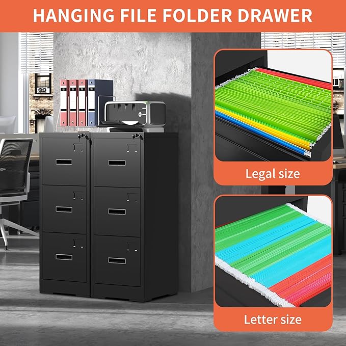 3 Drawer Metal File Cabinet with Lock,Black Steel Filing Cabinets for Home Office Heavy Duty Locking Vertical File Cabinet Storage Cabinet for Legal/Letter Size File,Assembly Required