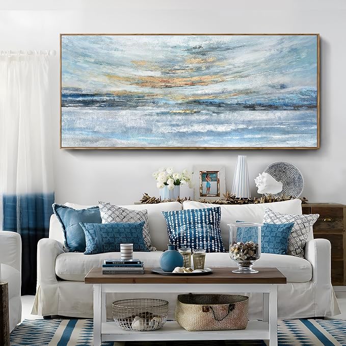Nicetop Extra Large Framed Abstract Ocean Landscape Wall Art, Serene Sunset Painting with Natural Wooden Frame, Modern Coastal Décor for Living Room, Bedroom & Office, 71x32 Inch