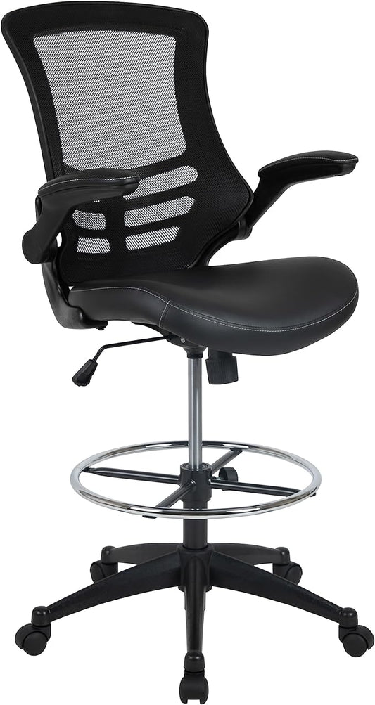 Flash Furniture Kelista Mid-Back Swivel Office Chair with Adjustable LeatherSoft Seat Height, Ergonomic Mesh Chair with Flip-Up Arms, Black