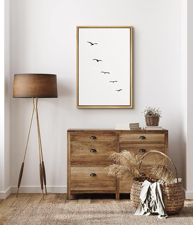 SIGNFORD Framed Canvas Print Wall Art Minimalist Composition of Flock of Birds Abstract Wilderness Digital Art Modern Art Rustic Scenic Multicolor for Living Room, Bedroom, Office - 16"x24" Natural