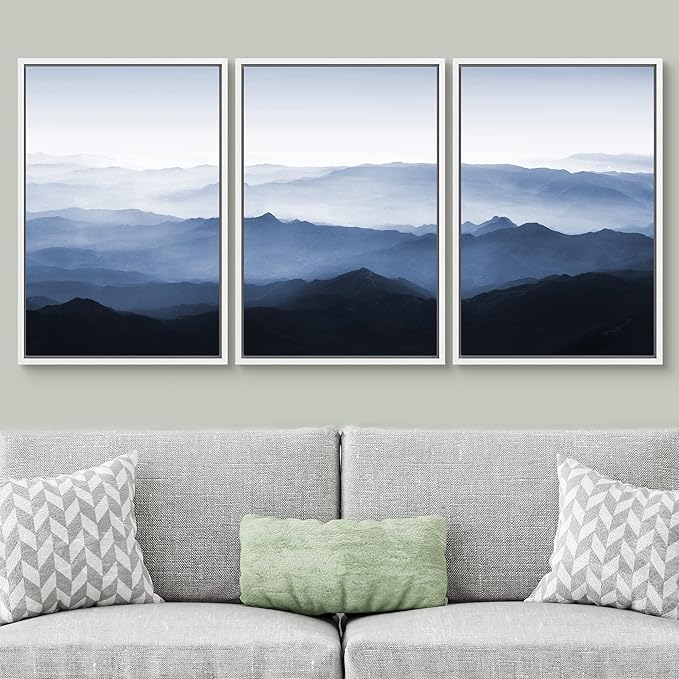 SIGNWIN Framed Canvas Print Wall Art Set Aerial View Misty Mountain Forest Valley Nature Wilderness Photography Modern Art Rustic Scenic Relax/Calm for Living Room, Bedroom, Office - 24"x36"x3 White