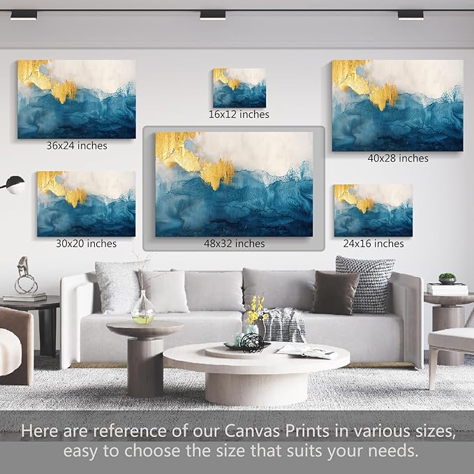 gaosoul Modern Canvas Wall Art Blue Gold Leaf Abstract Painting Prints Minimalism White and Light Blue Tranquility Poster for Living Room Bedroom Office Decor Framed 48x32in
