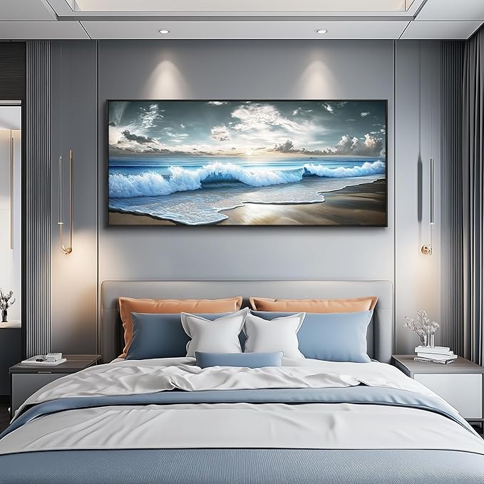 Mhartk66 Beach Framed Wall Art-Extra Large Paintings For Living Room Ocean Canvas Prints Coastal Artwork For Walls Landscape Nature Posters Waves Seascape Pictures Modern Home Decor for Bedroom Office
