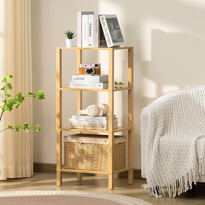 4 Tier Tall Bookshelf with Storage - Small Bookcase for Small Spaces, Shelf for Living Room, Office, Bedroom, Kitchen - Industrial Modern Natural Book Shelf