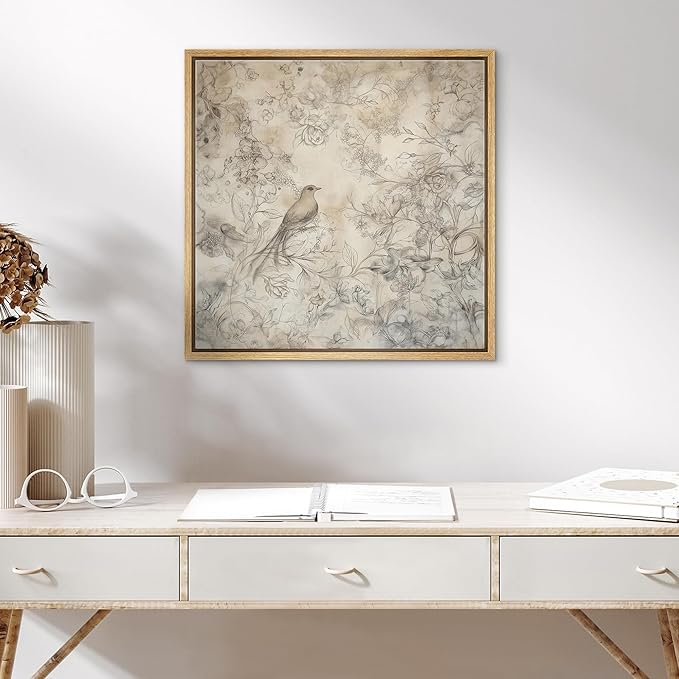 SIGNWIN Framed Canvas Print Wall Art Vintage Bird and Floral Sketch Delicate Pencil Drawing with Nature Elements Illustrations Decorative Relax/Zen for Living Room, Bedroom, Office - 24"x24" Natural