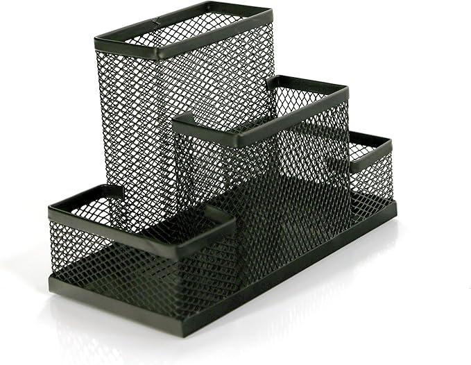 Huron Pen Holder and Desk Organizer Caddy, 4 Compartment Storage for Pencils Pens Sticky Notes Office Desk Accessories for Home Office,Black Steel Mesh (1/4/24/96) (1 pc)