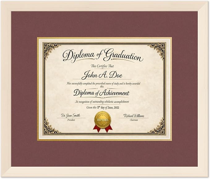 Diploma Frame Coastal Whitewash with Dark Red Over Gold Double Mat - Fits 13 x 10 College Diploma (Traditional) Wall Display Made in the USA