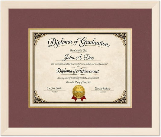 Diploma Frame Coastal Whitewash with Dark Red Over Gold Double Mat - Fits 13 x 10 College Diploma (Traditional) Wall Display Made in the USA