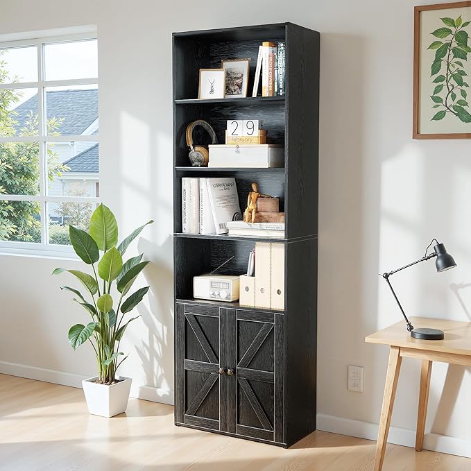 YESHOMY 6 Tier Bookcase and Bookshelf, Tall Book Shelf with Doors & Adjustable Shelves, Floor Display Storage Cabinet Home Decor for Living Room, Office, Black